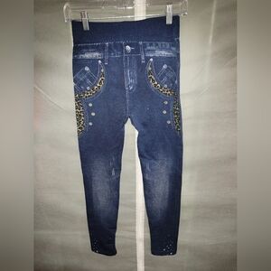 NWOT Stylish Blue Jean Look Leggings with Leopard Print Accents